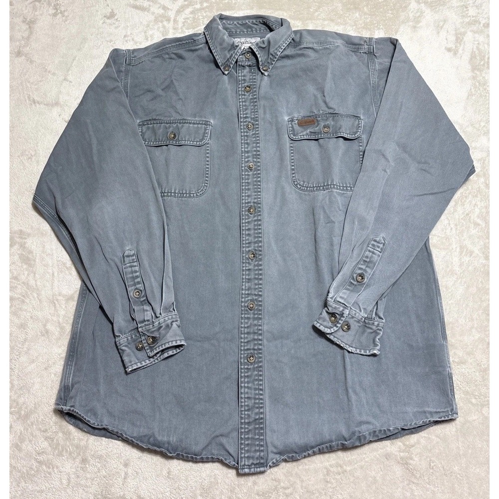 Carhartt Mens Shirt Long Sleeve Button Up L Tall Heavyweight Leather Patch Logo